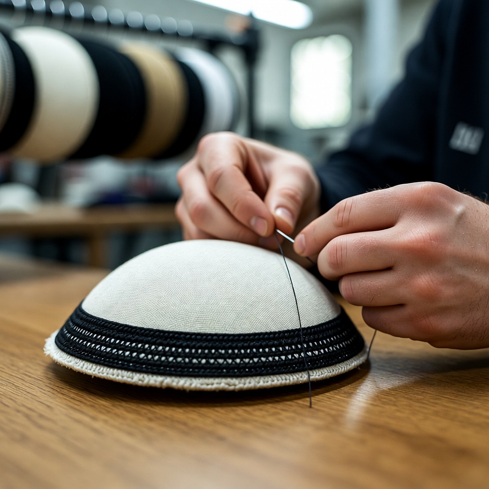 Close-up of artisan hand-stitching a custom Kippah rim in our factory