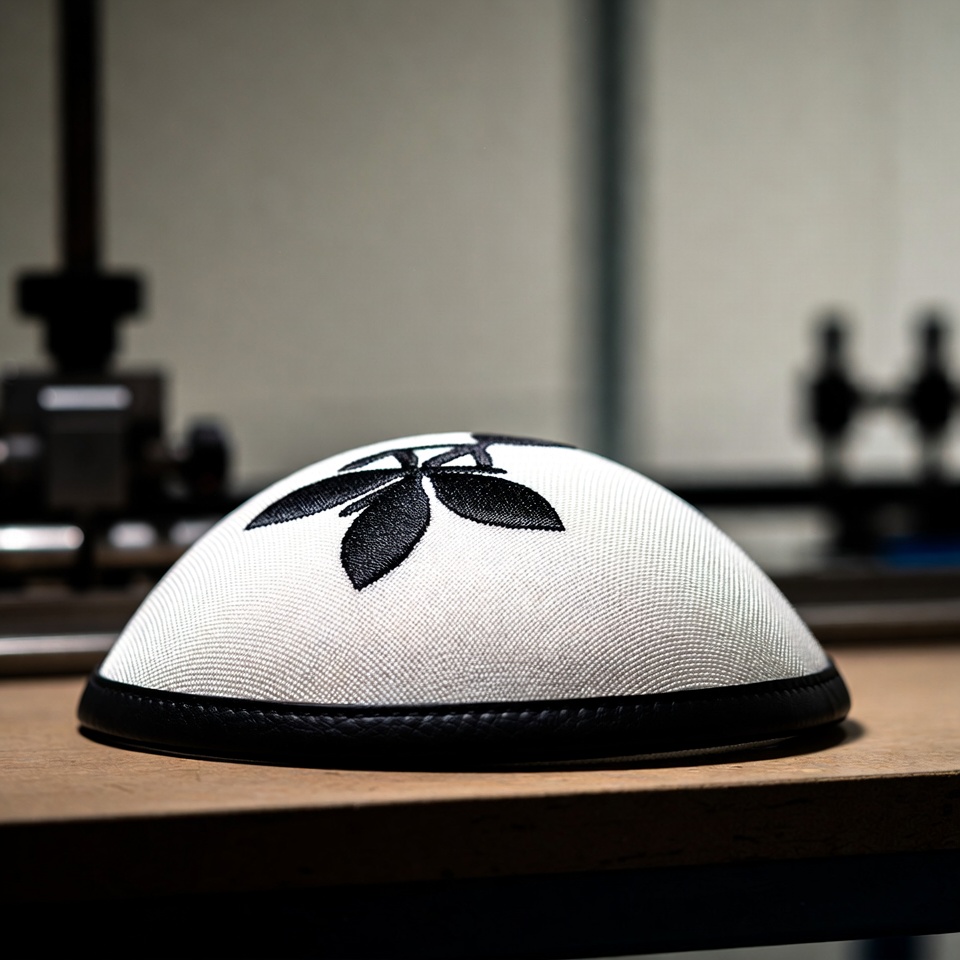 Gold colored Kippah undergoing final shaping on industrial conveyor.