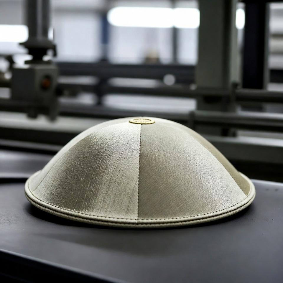 Raw felt material being shaped on a Kippah hat mold machine.