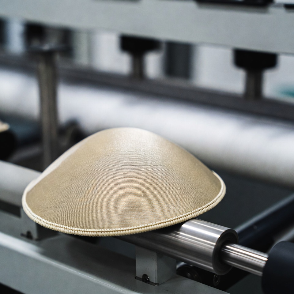 Professional factory worker using sewing machine for bulk Kippah production.