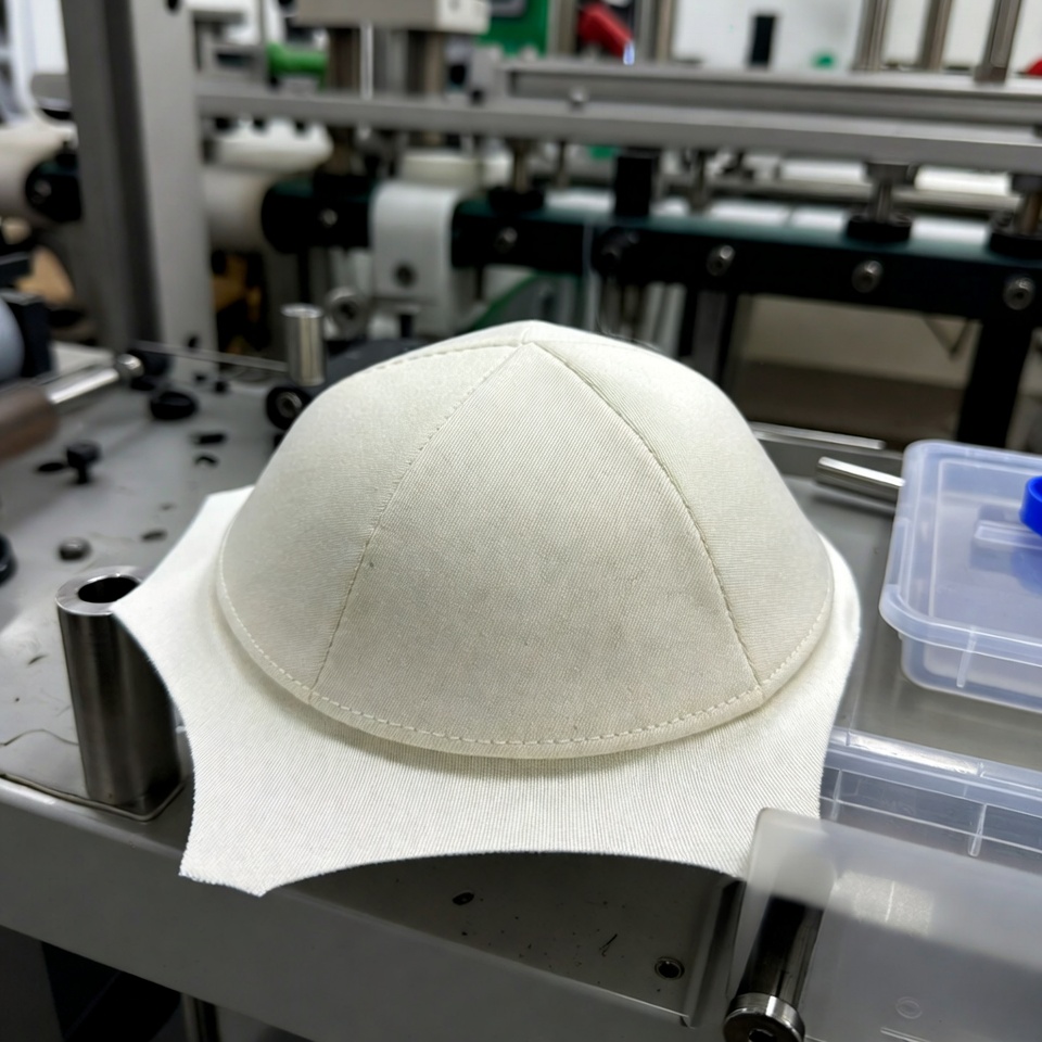 Custom white Kippah sample with gold Star of David embroidery on wood table.
