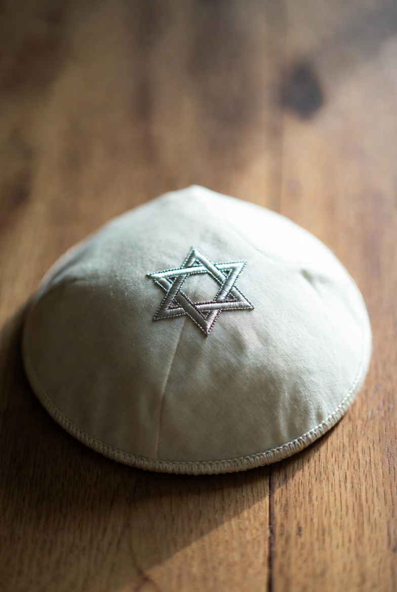 White suede Kippah with silver outline Star of David embroidery.