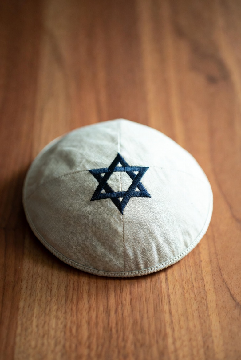 Classic white suede Kippah with navy blue Star of David embroidery.