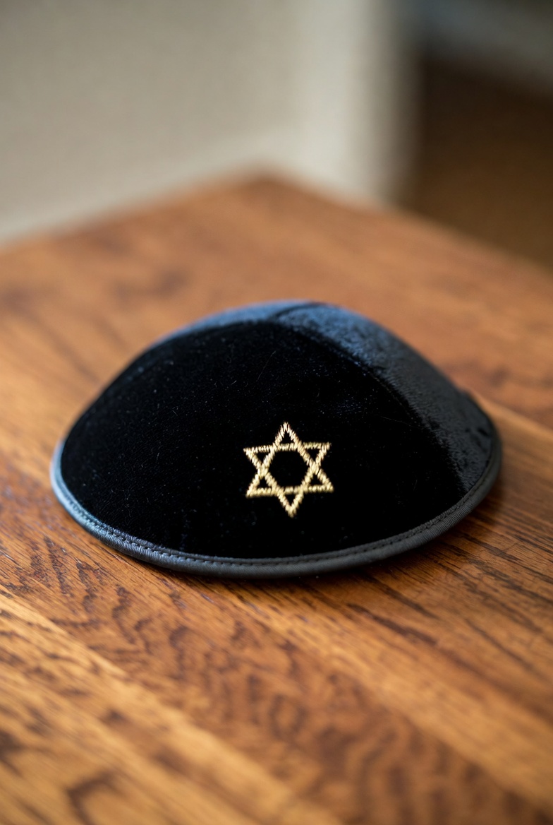 Premium black velvet Kippah with gold embroidered Star of David.